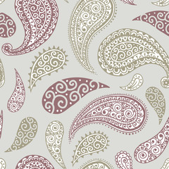 Paisley pattern on yellow background, seamless gold, red and white floral ornament, vector design. Abstract simple vintage Paisley pattern decoration, pastel pale colors floral fabric background