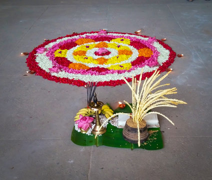 Pookalam flower Rangoli floral decorations for Onam festival of Kerala India