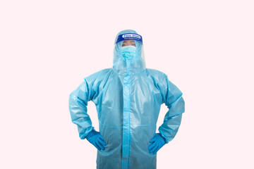 Male model with PPE suite and face shield to Prevention of coronavirus infection