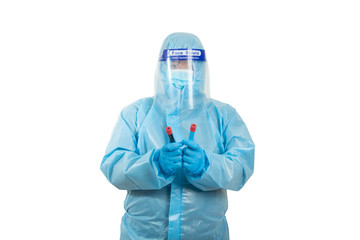 Male model with PPE suite with face shield and Hand with glove is holding blood tube on white...