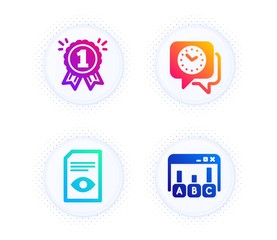 Reward, View document and Clock icons simple set. Button with halftone dots. Survey results sign. First place, Open file, Time. Best answer. Education set. Gradient flat reward icon. Vector