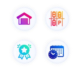 Ranking star, Parking place and Parking garage icons simple set. Button with halftone dots. Calendar time sign. Winner medal, Transport, Car place. Clock. Technology set. Vector