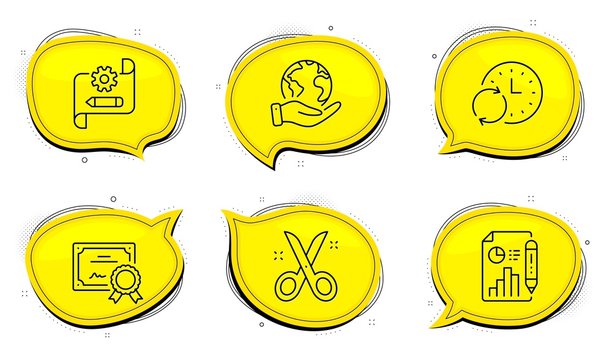 Scissors sign. Diploma certificate, save planet chat bubbles. Cogwheel blueprint, Report document and Update time line icons set. Edit settings, Growth chart, Refresh clock. Cutting tool. Vector