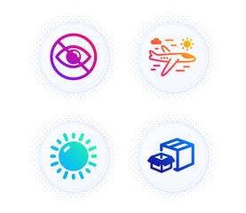 Not looking, Sunny weather and Airplane travel icons simple set. Button with halftone dots. Packing boxes sign. Eye care, Sun, Trip flight. Delivery box. Business set. Vector