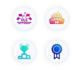 Winner podium, Ole chant and Arena stadium icons simple set. Button with halftone dots. Reward sign. Competition results, Sport championship, Competition building. Best medal. Sports set. Vector