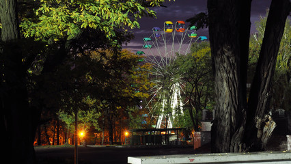 Naklejka premium Night view of the attraction in the Park. Funny berry in the Park at night