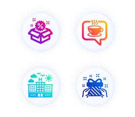 Sale, Coffee and Hotel icons simple set. Button with halftone dots. Gift sign. Discount, Cafe, Travel. Present. Holidays set. Gradient flat sale icon. Vector