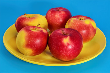 Close up of ripe red apples in a bowl on blue background.