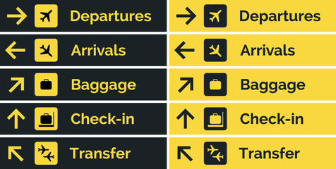Airport sign departure arrival travel icon. Vector airport board airline sign, gate flight information - obrazy, fototapety, plakaty