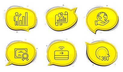 360 degrees sign. Diploma certificate, save planet chat bubbles. Graph chart, Report document and Contactless payment line icons set. Growth report, Growth chart, Financial payment. Vector