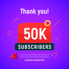 50000 followers vector post 50k celebration. Fifty thousands subscribers followers thank you congratulation