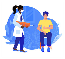 the doctors vaccinate a person against the disease in the clinic. Building immunity by vaccination. Preventative virus protection. Vector trend illustration