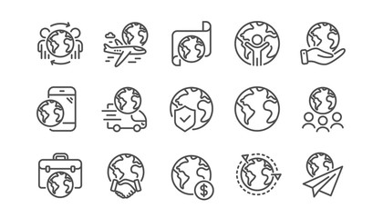 World business line icons set. Translate language, global law, outsource business. International organization, financial transactions, world map icons. Delivery service, global outsource. Vector