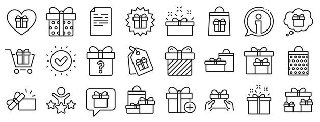 Present box, Offer and Sale. Gift line icons. Shopping cart, Tag and Chat. Speech bubble, Give a gift box, question mark, birthday discount. Shopping sale cart, present tag, delivery. Vector