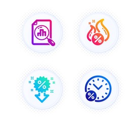 Analytics graph, Discount and Hot loan icons simple set. Button with halftone dots. Loan percent sign. Chart report, Sale shopping, Discount offer. Finance set. Vector