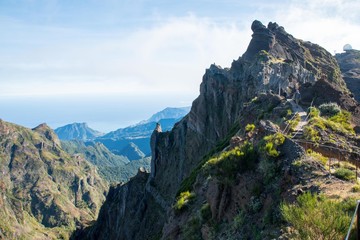 Panorama of the rugged hills in the hiking trail between Pico Ruivo and Pico do Arieiro, Madeira