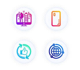 Creative design, Smartphone cover and Refresh like icons simple set. Button with halftone dots. Globe sign. Designer, Phone, Thumbs up counter. Internet world. Technology set. Vector