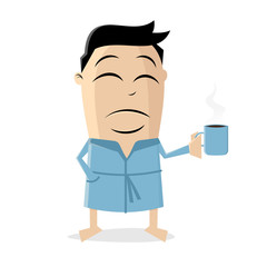 funny cartoon illustration of a man in bathrobe holding a cup of coffee