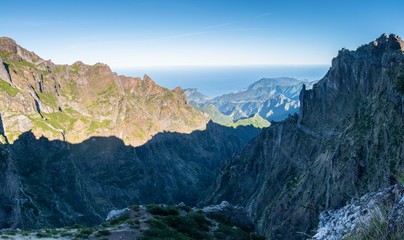 Panorama of the rugged hills in the hiking trail between Pico Ruivo and Pico do Arieiro, Madeira