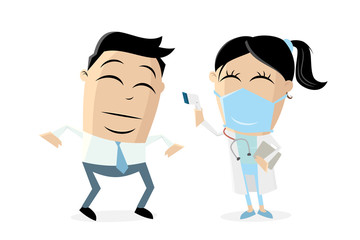 funny cartoon illustration of a doctor measuring temparature of a man
