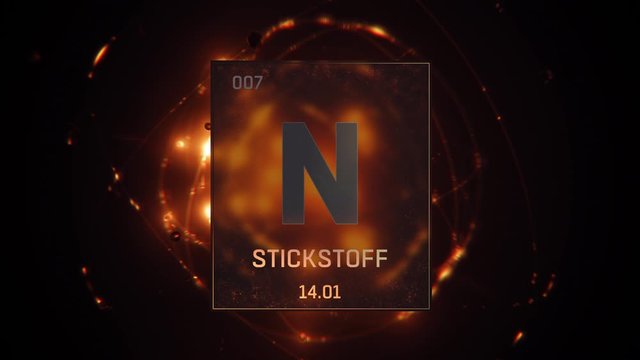 Nitrogen as Element 7 of the Periodic Table. Seamlessly looping 3D animation on orange illuminated atom design background orbiting electrons name, atomic weight element number in German language