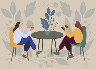 Lovely friends having cup of tea or coffee in cafe in front of table and plant. Flat modern vector illustration design. Friendship, family, love, tenderness, fun concept. Floral background.