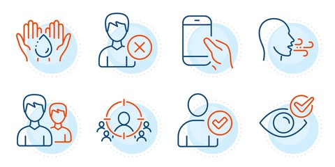 Check eye, Wash hands and Couple signs. Business targeting, Breathing exercise and Hold smartphone line icons set. Identity confirmed, Remove account symbols. People and target aim, Breath. Vector