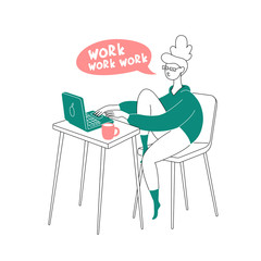 Fototapeta na wymiar A young girl freelancer works comfortably at home at a laptop and drinks coffee. Flat bright vector illustration, minimal style. Hand drawn design element