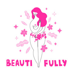 A young girl is standing covering her body with hands and flowers. Body positive and self-love. Against the background of leaves and stars. Flat bright vector illustration, minimal style.