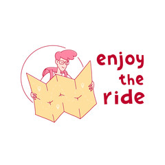 Enjoy the ride hand drawn vector phrase lettering. Hand-drawn inspired motivational inscription. Guy tourist with a backpack looks at the road on a paper map. Design element