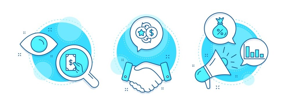Receive money, Histogram and Loan line icons set. Handshake deal, research and promotion complex icons. Loyalty points sign. Cash payment, Economic trend, Money bag. Change dollar. Finance set. Vector