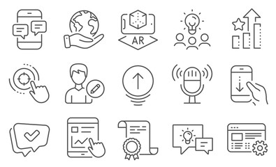 Set of Technology icons, such as Internet report, Seo target. Diploma, ideas, save planet. Swipe up, Edit person, Ranking stars. Phone messages, Web settings, Augmented reality. Vector