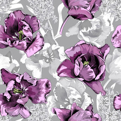 Seamless floral pattern. Violet Tulips flowers on a monochrome gray background. Vector illustration.
