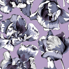Seamless pattern of a blue-gray Tulip flowers on a violet background. Vector illustration.