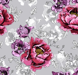 Seamless floral pattern. Violet Tulips flowers and big Pink Peony on a monochrome gray background. Vector illustration.