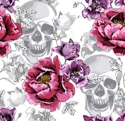 Behang Doodshoofd met bloemen Naadloos bloemenpatroon. Pink Peony, Violet Tulips bloemen en zilvergrijze schedels op een zwart-wit witte achtergrond. Vector illustratie.