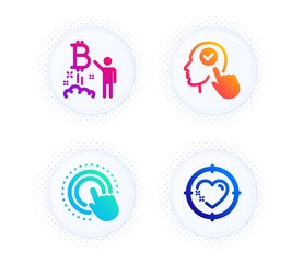 Click hand, Select user and Bitcoin project icons simple set. Button with halftone dots. Heart target sign. Touch gesture, Head with checkbox, Cryptocurrency startup. Love aim. People set. Vector