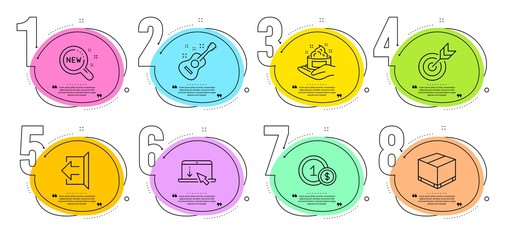 Scroll down, Delivery box and New products signs. Timeline steps infographic. Target, Usd coins and Guitar line icons set. Sign out, Skin care symbols. Targeting, Cash payment. Business set. Vector