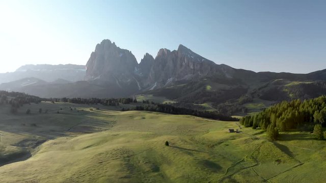 Drone flying backwards with a view of a lonely tree at Alpe di Suisi fields meadow in Dolomites mountains Italy Alps. Sunrise at Seiser Alm valley in South Tyrol
