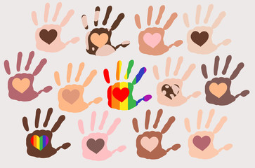 Different skin types colour hand prints with hearts inside each palm on light background, people Diversity, rainbow symbol, vitiligo