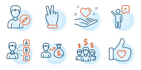 Fototapeta na wymiar Edit person, Salary employees and Opinion signs. Victory hand, Hold heart and Sallary line icons set. Like hand, Agent symbols. Gesture palm, Friendship. People set. Outline icons set. Vector