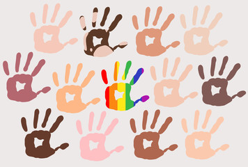Fototapeta premium Different skin types colour hand prints on light background, people Diversity, rainbow in the middle