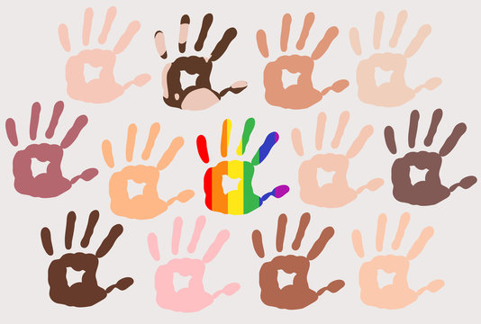Different skin types colour hand prints on light background, people Diversity, rainbow in the middle