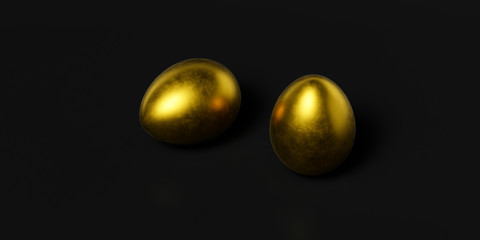 3d rendering, two golden egg isolated on black background, banner, icon, place for text, wallpaper