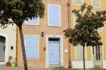 Fototapeta premium Colourful house fronts with trees in foreground in Leucate village, close to Mediterranean coast, Aude Departement, southern France, 
