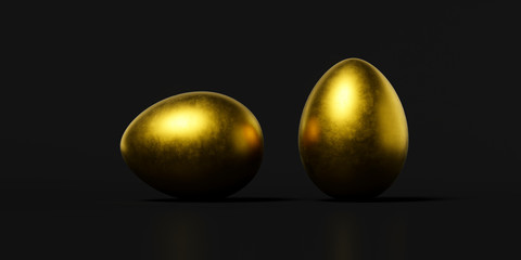 3d rendering, two golden egg isolated on black background, banner, icon, place for text, wallpaper