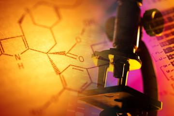 Chemistry science formula and microscope. Science symbol.