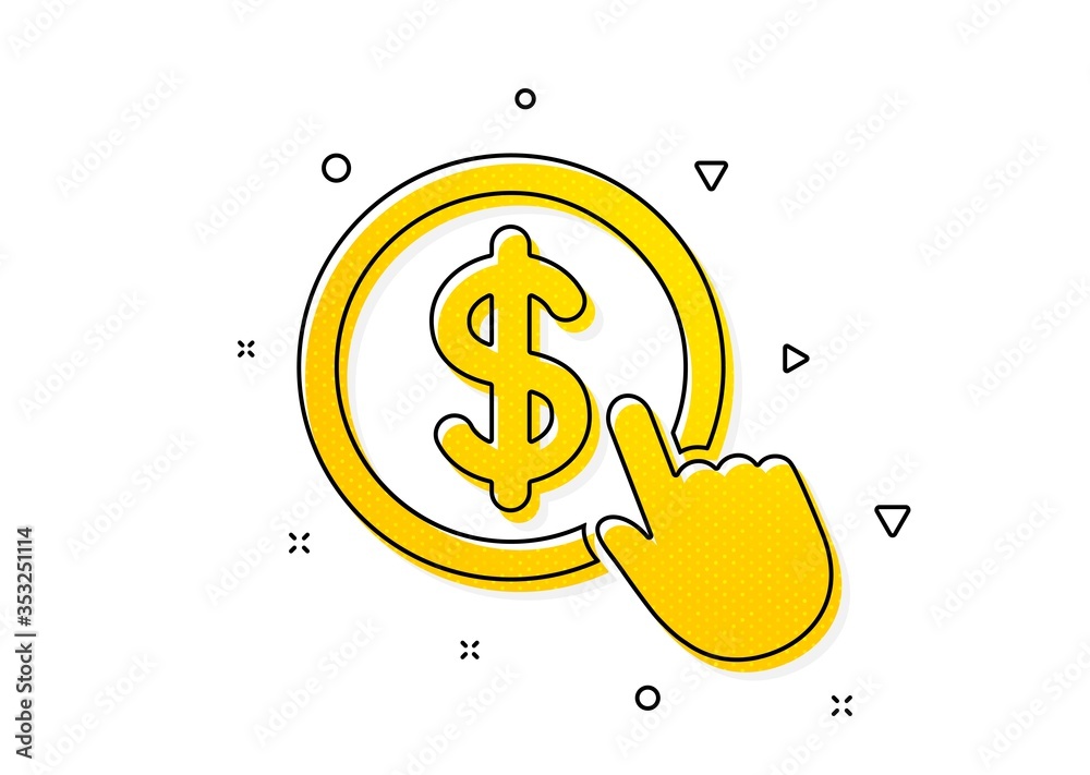 Poster currency exchange sign. hand click icon. cursor pointer symbol. to pay or get money. yellow circles 