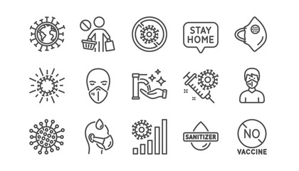 Coronavirus line icons set. Hands sanitizer, medical protective mask, no vaccine. Stay home, washing hands hygiene, coronavirus epidemic mask icons. Covid-19 virus pandemic. Linear set. Vector