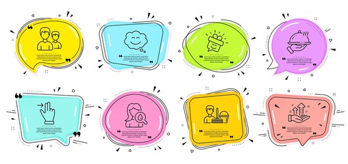 Analysis graph, Smile chat and Touchscreen gesture signs. Speech bubbles with quotes. Moisturizing cream, Smile and Restaurant food line icons set. Cleaning service, Couple symbols. Vector